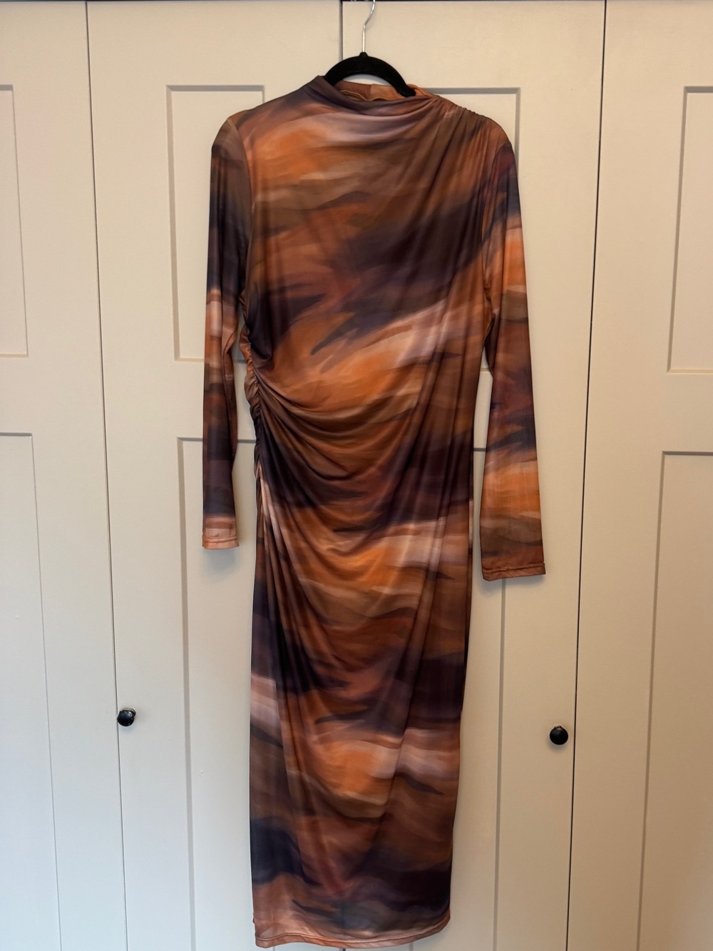 Brown Abstract Ruched Midi Dress | Long Sleeve | Size XL
